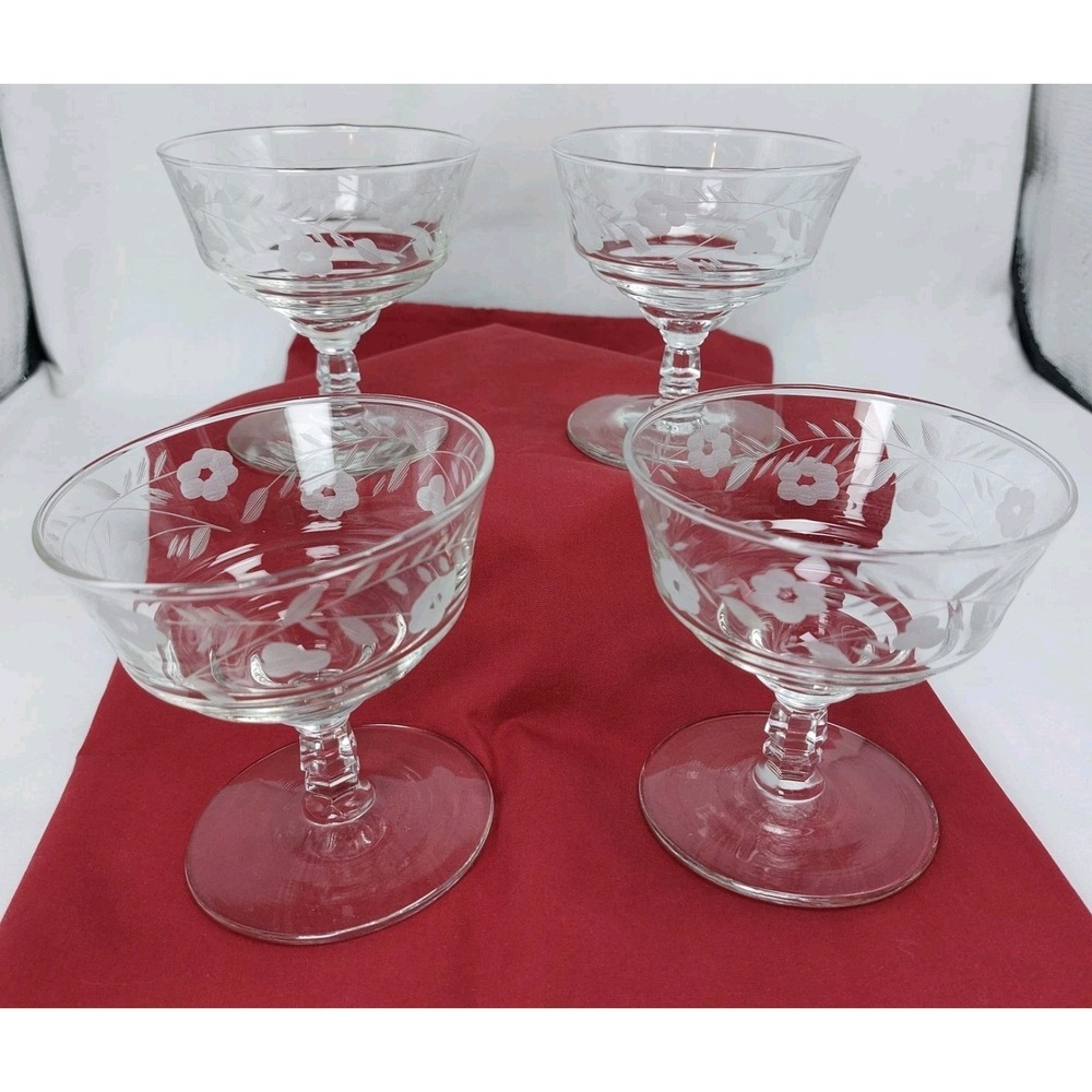 4 Libbey Floral Etched Cut Low Sherbert Ice Cream‎ Dessert Crystal Glasses 4"
